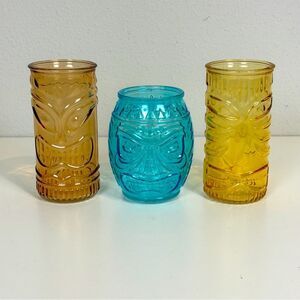 3 Tiki Cocktail Glasses Amber Blue Yellow